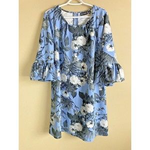 Nina Leonard Women's Blue Floral 3/4 Bell Sleeve Shift Dress Scoop Neck Size XL